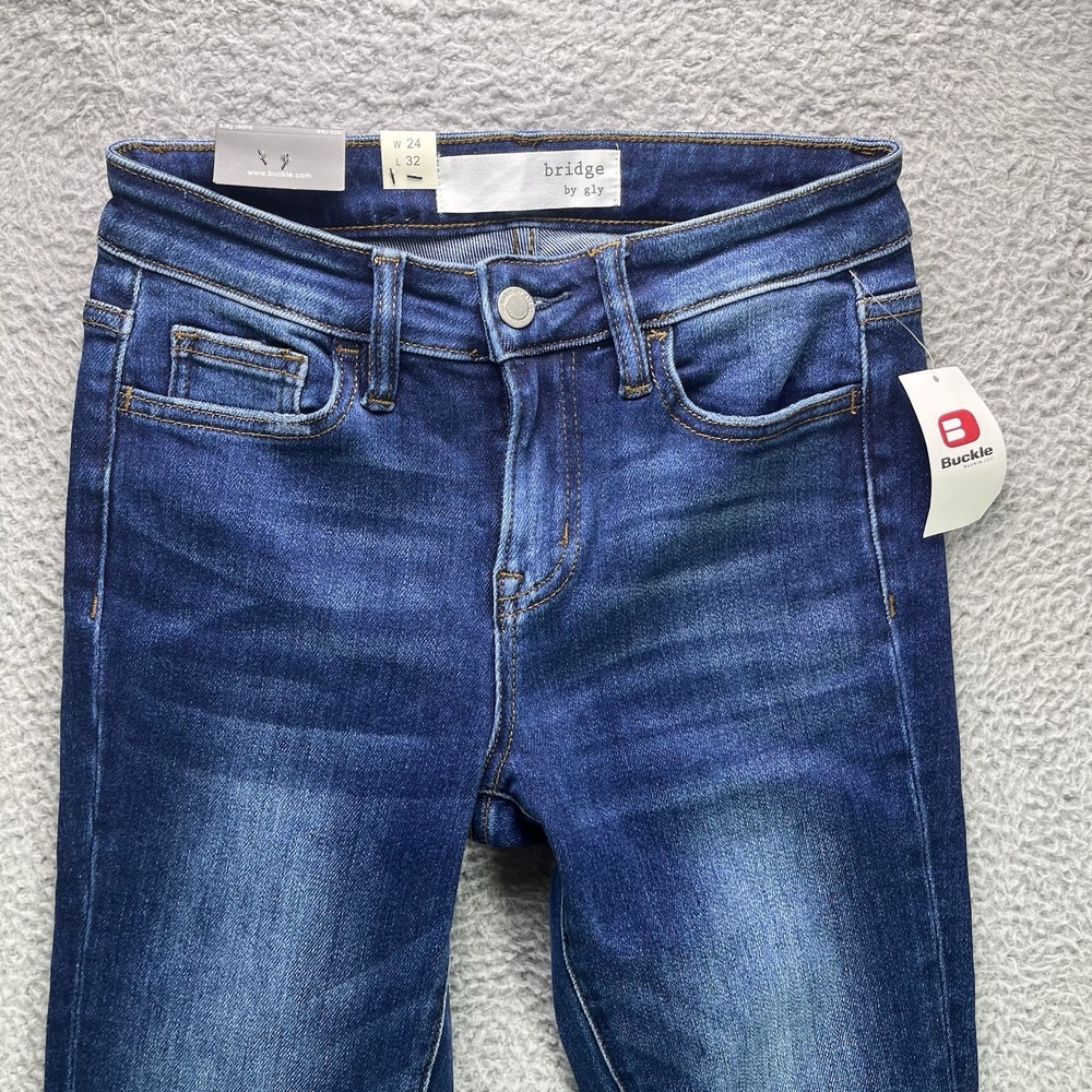 Buckle Bridge By Gly Jeans Womens 24x32 Blue Mid Rise Super Flare Dark Wash NWT - Picture 5 of 13